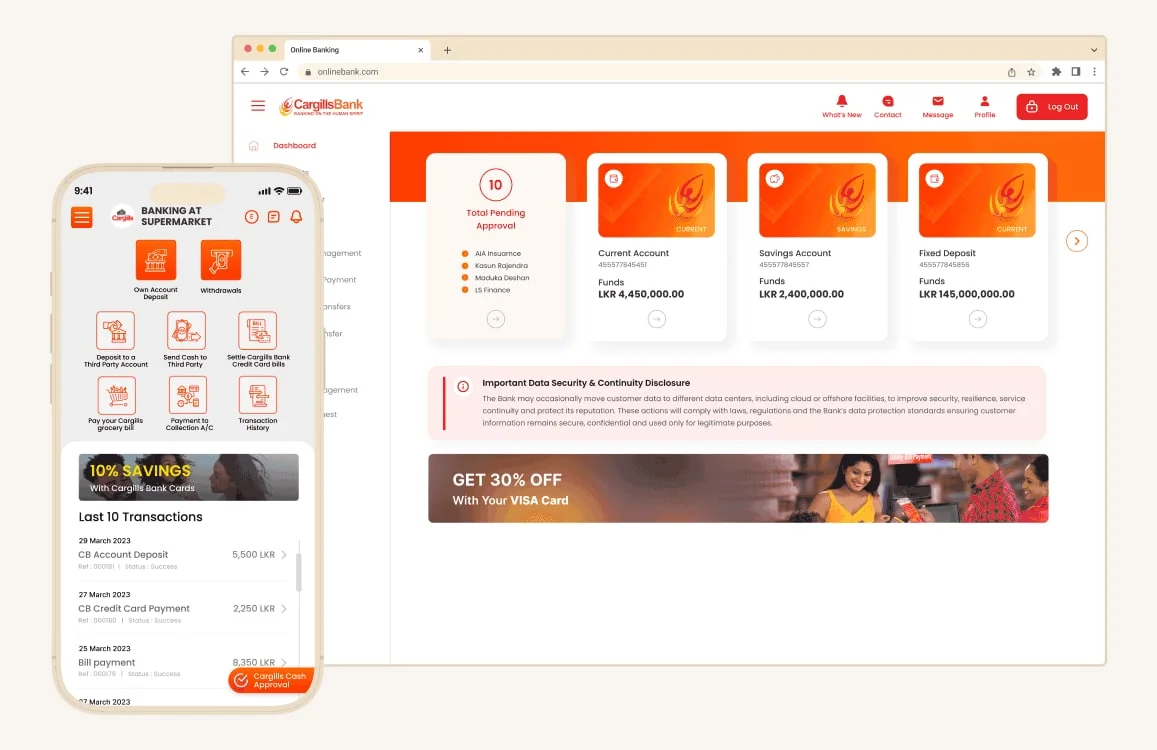 The Cargills Bank online banking dashboard in a browser next to the mobile banking app on a phone.