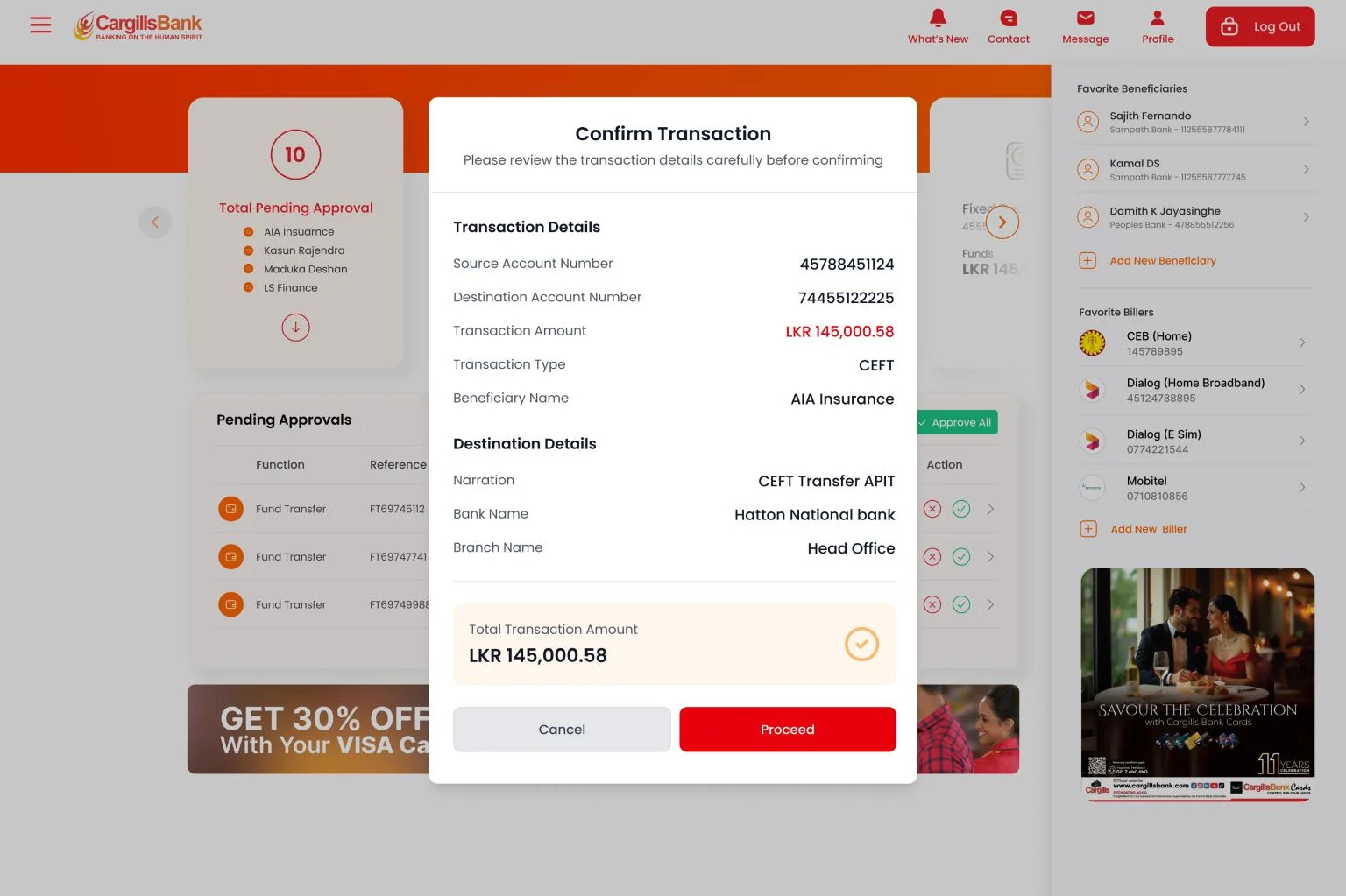 A bank-side screen showing a transaction awaiting approval, with the details to review before confirming.