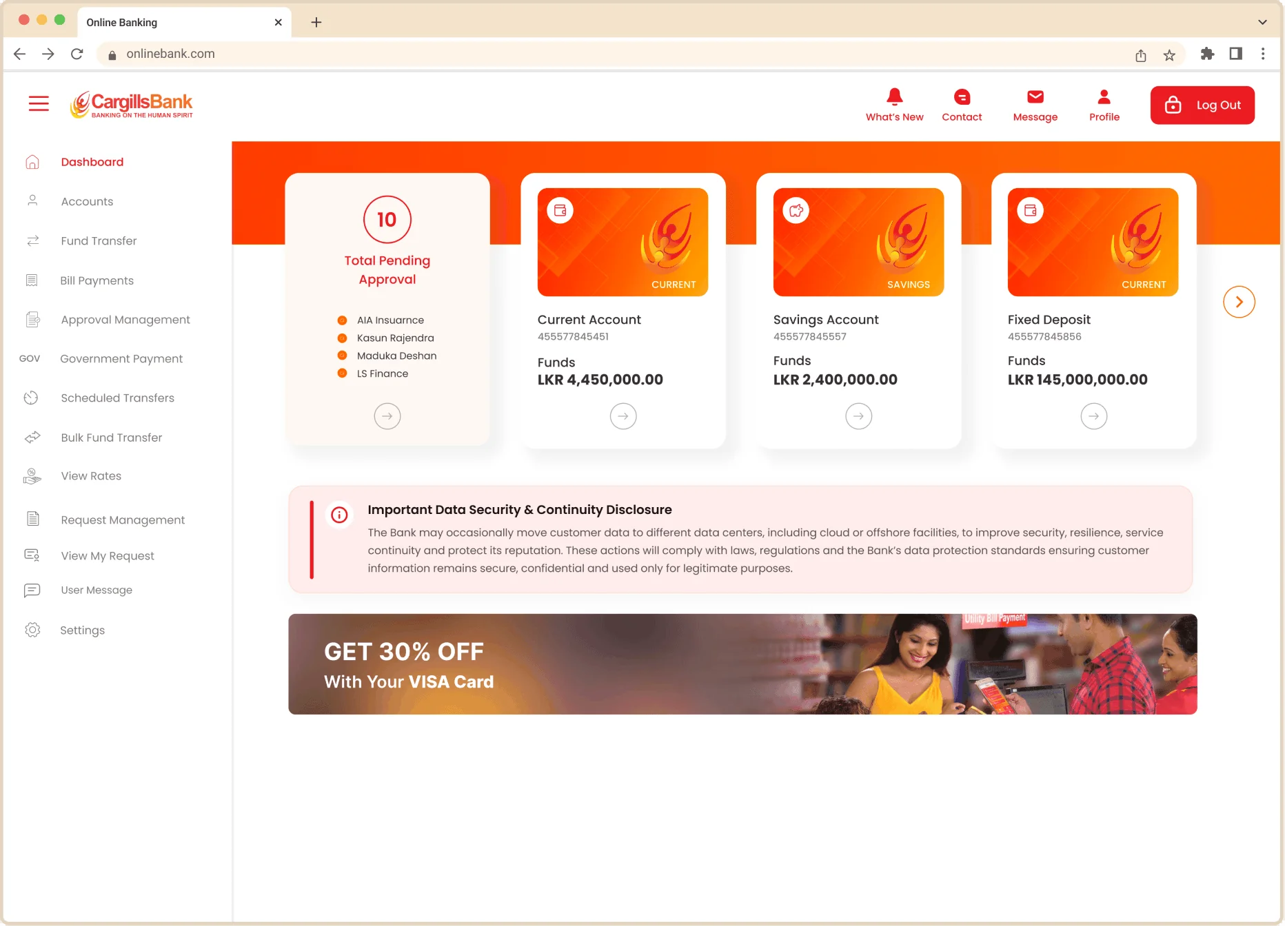 The Affluence online banking dashboard in a browser.