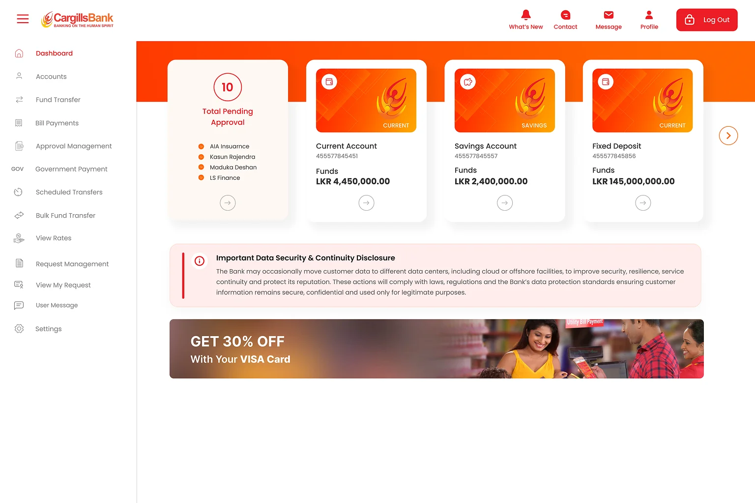 A business online banking dashboard showing accounts, recent transactions and spending overview.