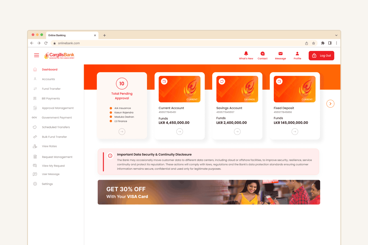 The Cargills Bank online banking dashboard in a browser window, showing accounts and a pending approvals summary.