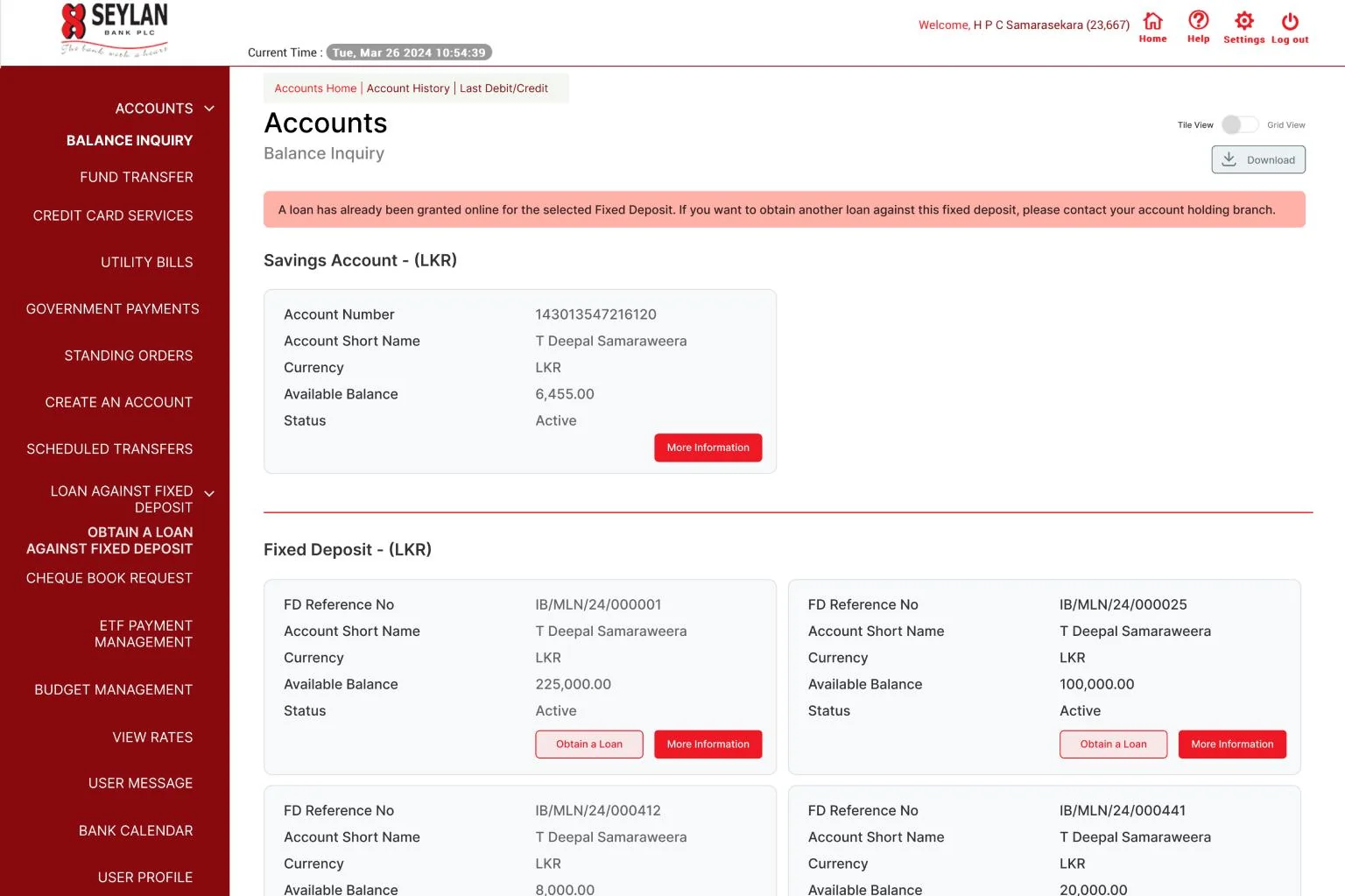 An online banking screen showing savings and fixed deposit accounts with their balances.